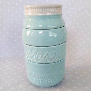 World Market Blue Ceramic Mason Jar Inspired Stackable Measuring Cups w/Lid